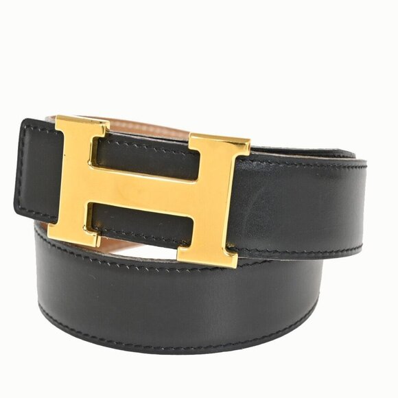 HERMES H Logo Constance Reversible Buckle Belt #65 Leather ▢C Black - Picture 1 of 15